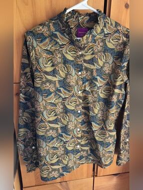 Simons Women's Liberty Fabric Green & Beige Floral Ruffled Blouse Large